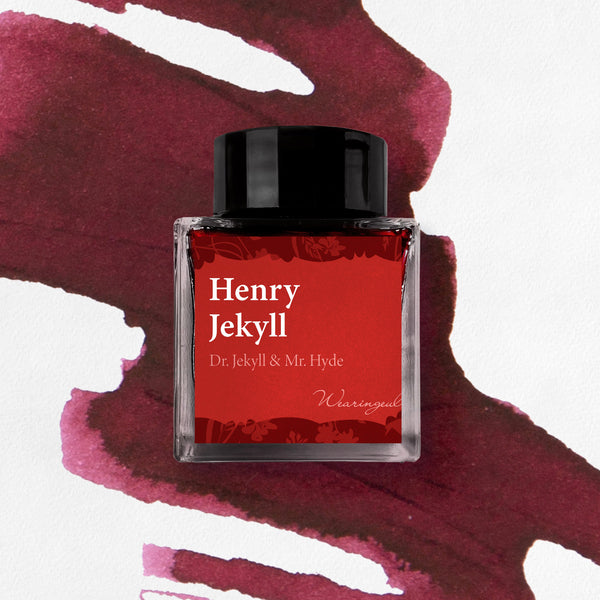 Ink bottle with 'Henry Jekyll' branding on a red and white background