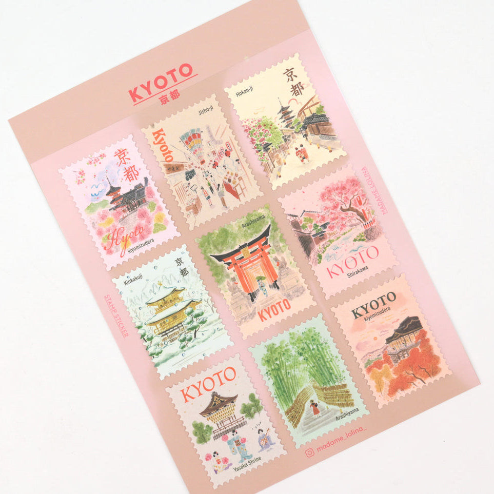 Sheet of Kyoto-themed stamp stickers
