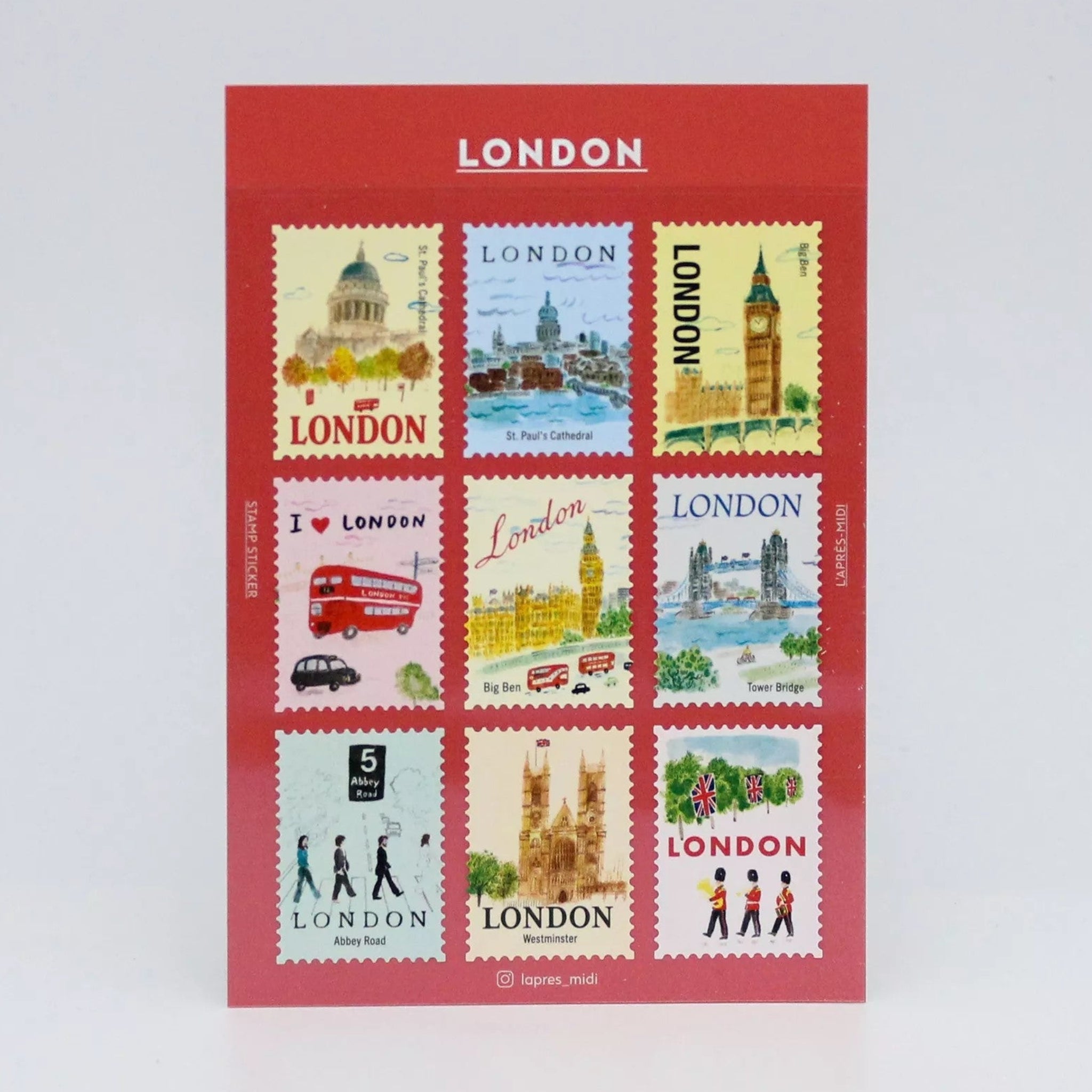 Collection of London-themed stamps on a red card with 'London' text.