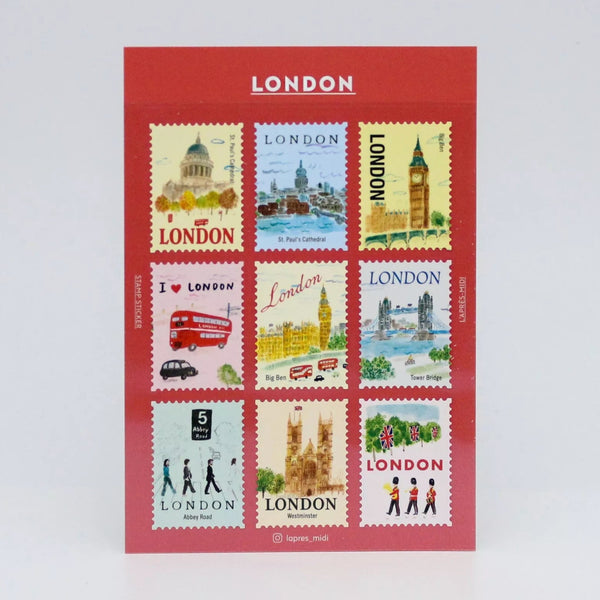 Collection of London-themed stamps on a red card with 'London' text.