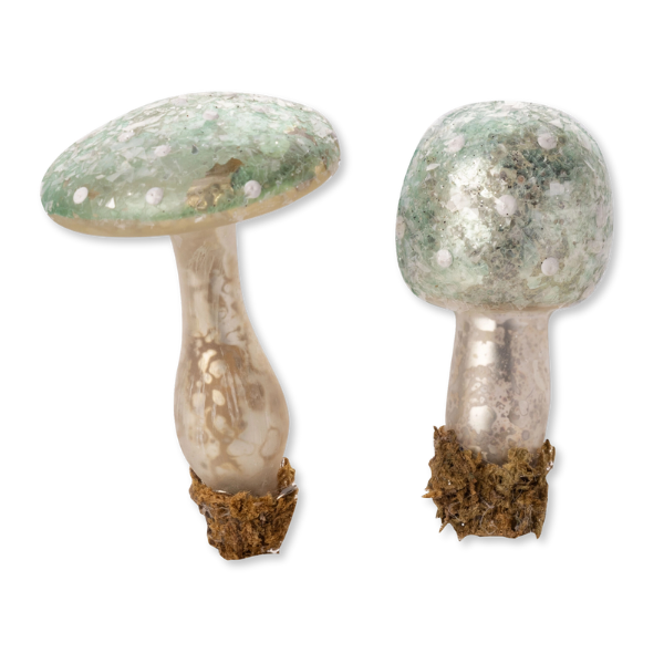 Ornements à clipser en forme de champignon en verre argenté et sauge