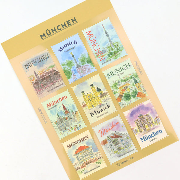 Sheet of Munich-themed stamp stickers with scenic illustrations 