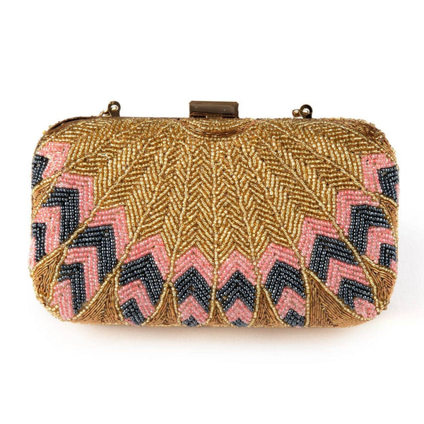 Beaded clutch bag with gold, pink, and black pattern on a white background