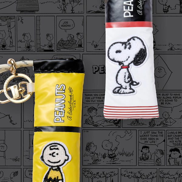 Two Peanuts-themed pen cases with Charlie Brown and Snoopy on a comic book background