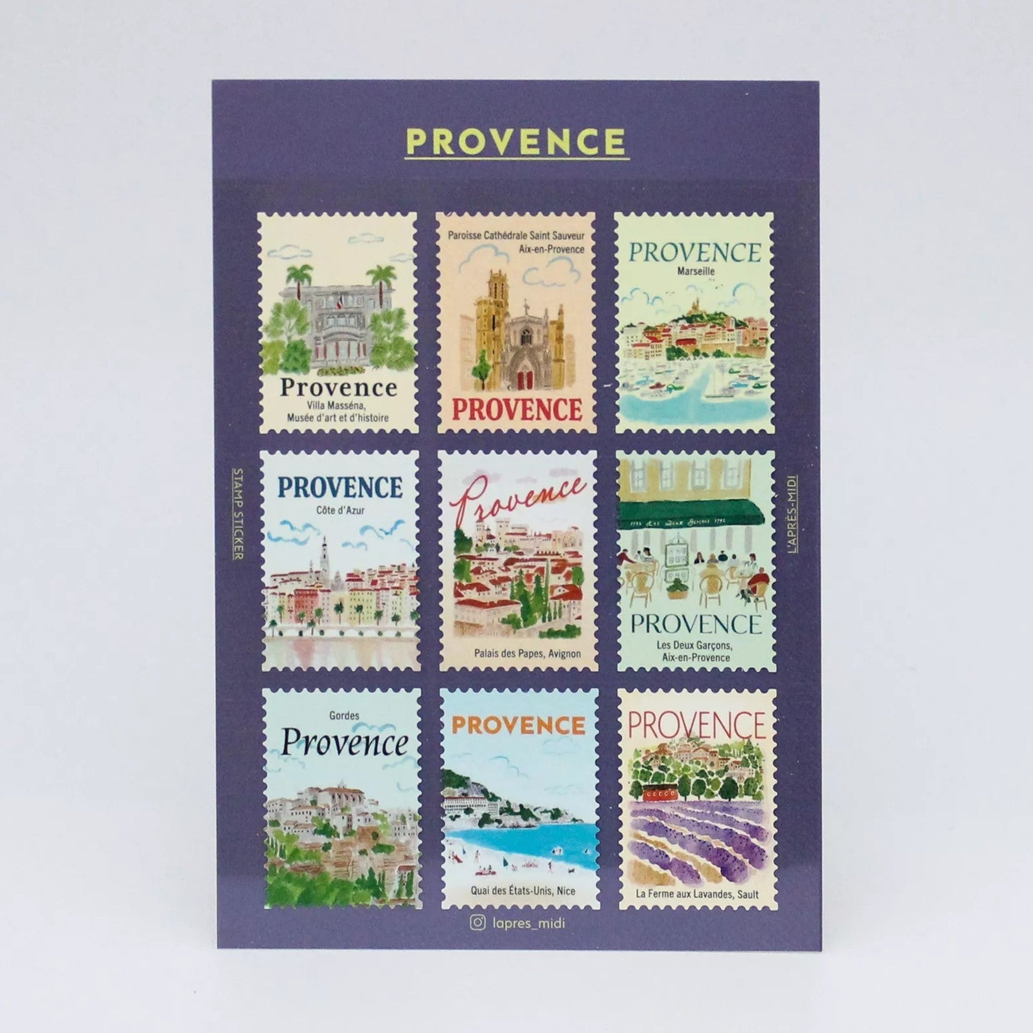 Collection of stamps featuring scenes from Provence on a purple card with 'Provence' text.