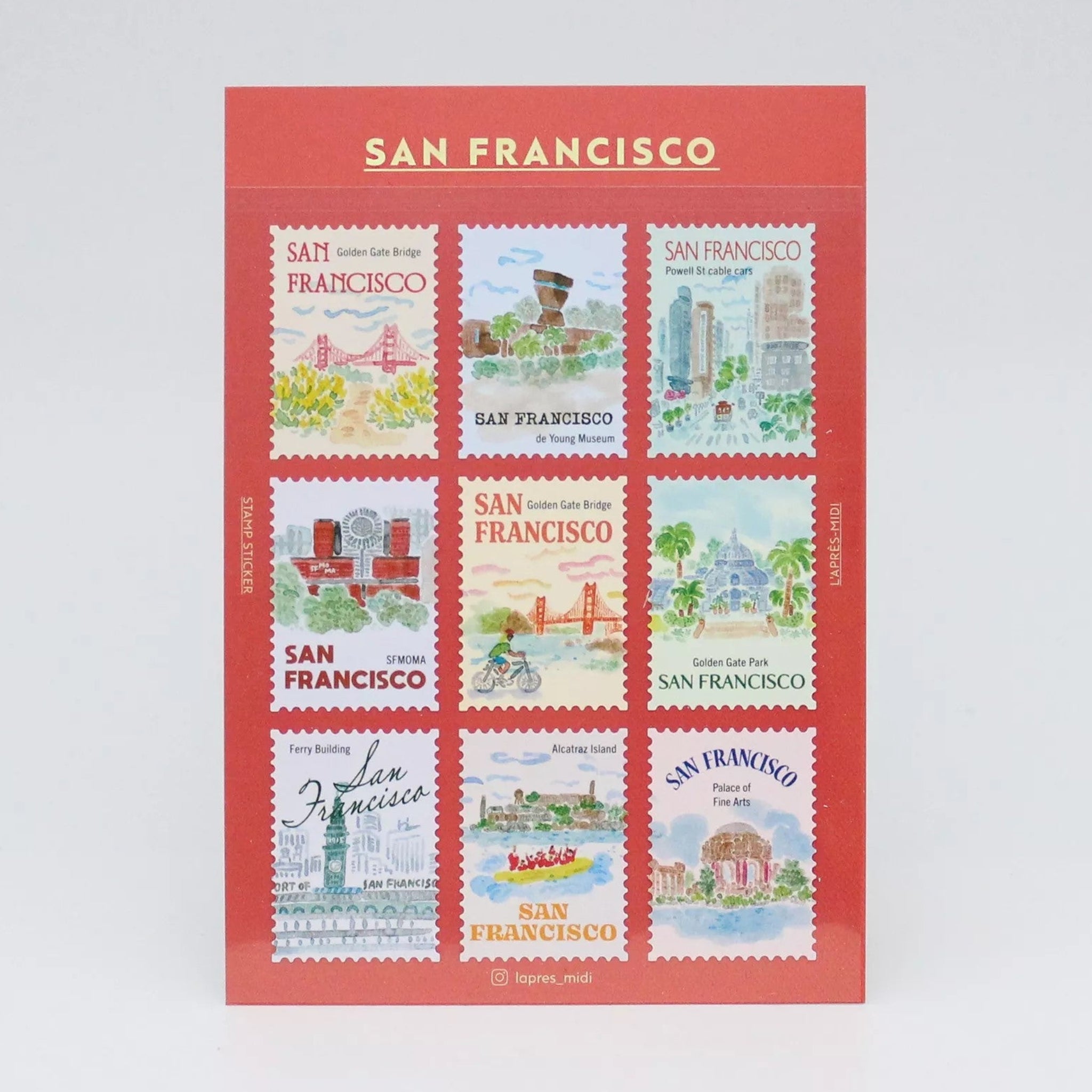 Sheet of San Francisco-themed stamps on a red background