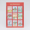 Sheet of San Francisco-themed stamps on a red background