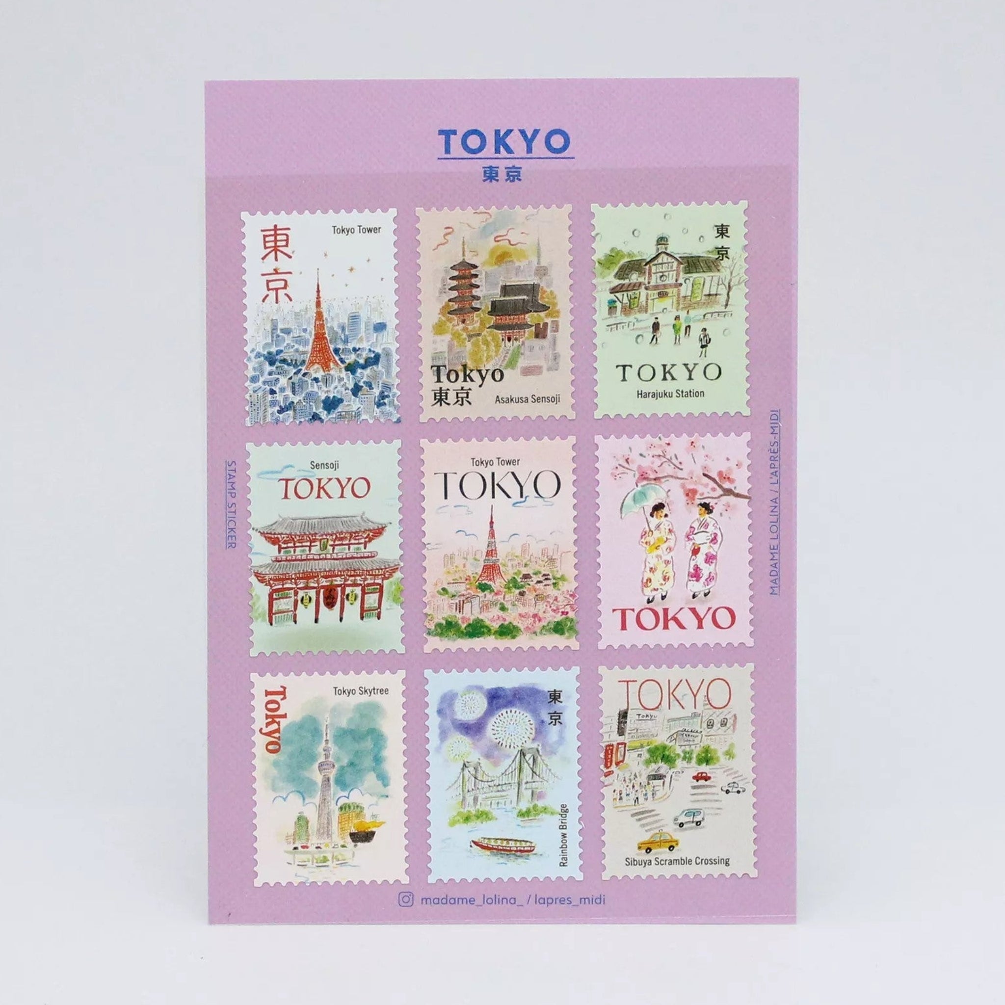 Sheet of Tokyo-themed stamps on a light purple background