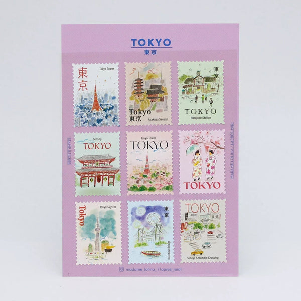 Sheet of Tokyo-themed stamps on a light purple background