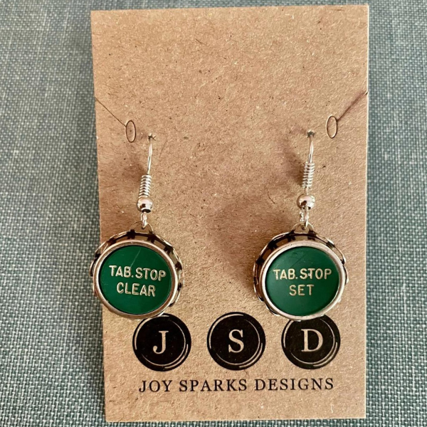 Green Typewriter Key Dangle Earrings