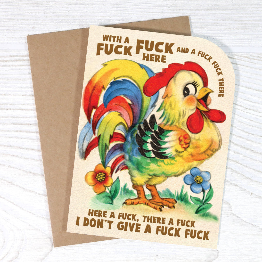 Card with a colorful rooster illustration and text on a white background