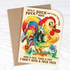 Card with a colorful rooster illustration and text on a white background