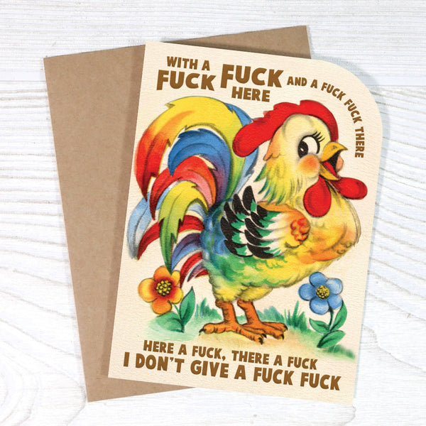 Card with a colorful rooster illustration and text on a white background