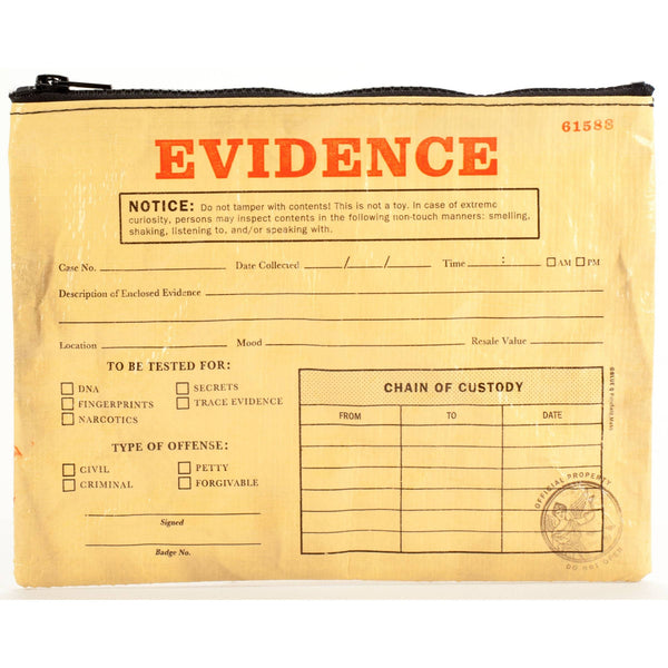 A vintage-style evidence bag in tan paper with red 'EVIDENCE' text, black zipper, and printed form fields and checkboxes, shown against a plain white background.