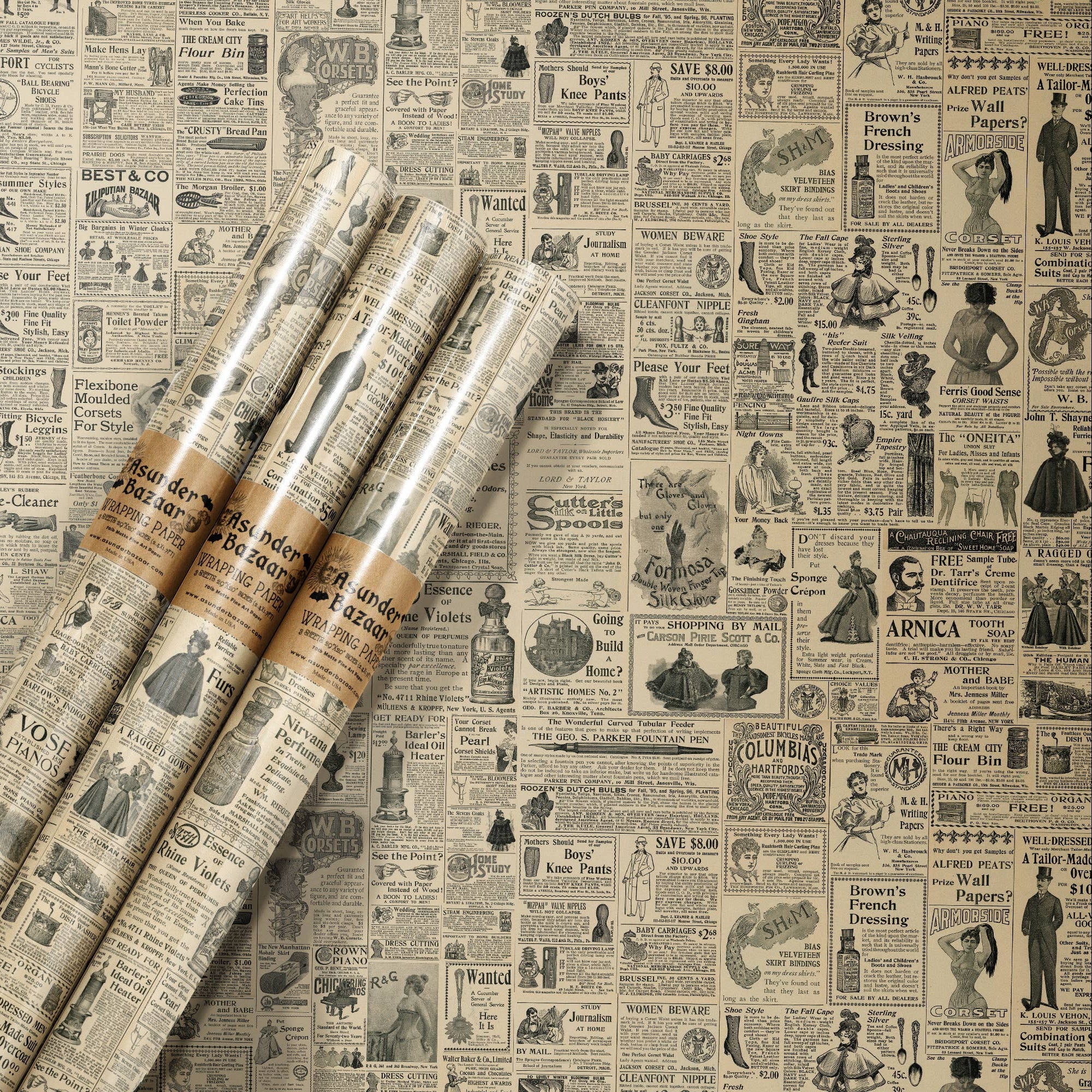 Victorian Advertisements Wrapping Paper Set 3 Sheet Roll