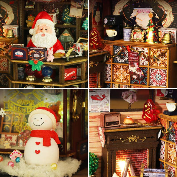 Collage of Christmas-themed miniatures including Santa Claus, a snowman, and a fireplace.