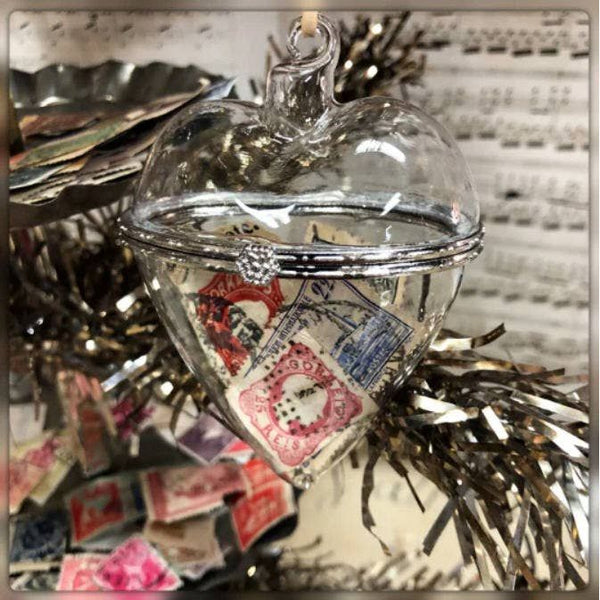 Vintage Ephemera-Filled Glass Heart with Cord Hanger