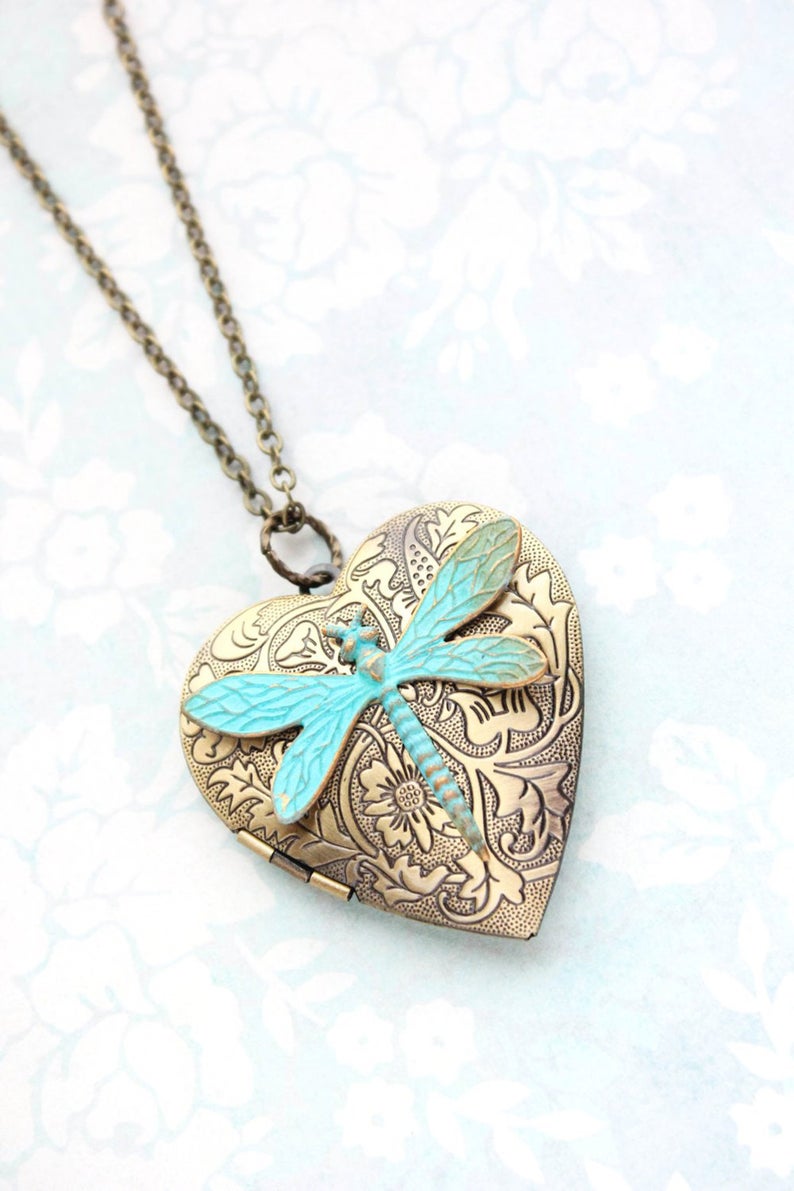 Large Heart and Dragonfly Locket Necklace