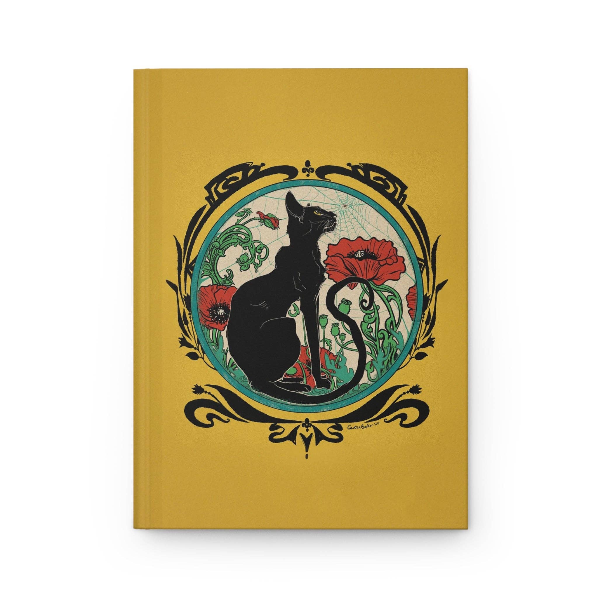 Chat Noir with Poppies on Yellow Matte Hardcover Journal
