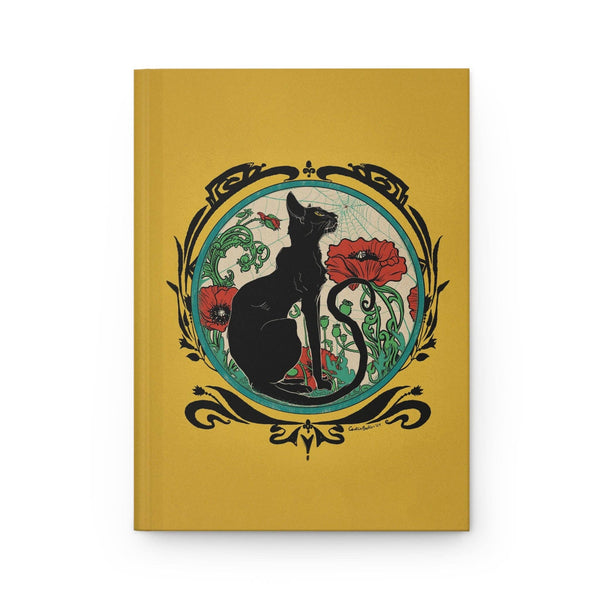 Chat Noir with Poppies on Yellow Matte Hardcover Journal