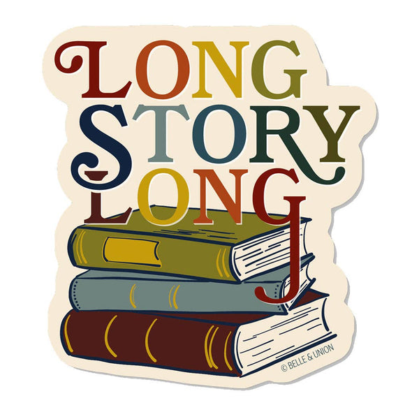 Decorative sticker with 'Long Story Long' text and books on a white background