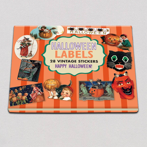 Halloween-themed sticker book with vintage designs on an orange and red striped background.