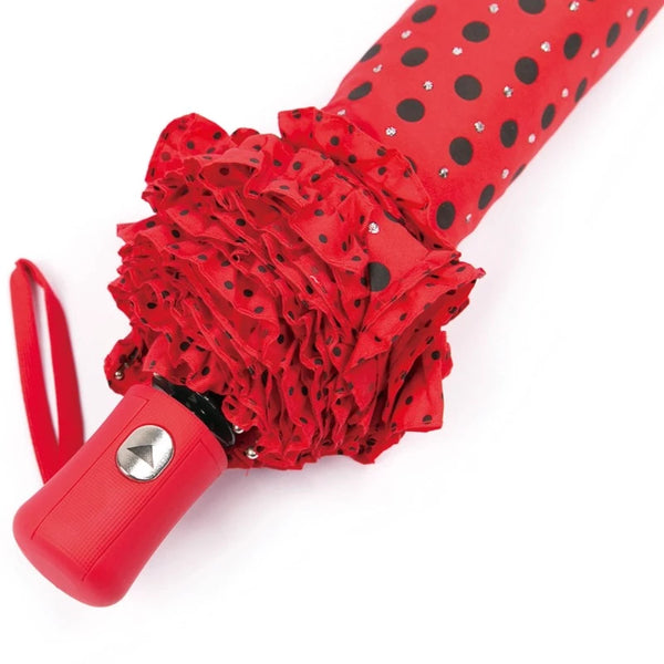 Red Frilled Spotty Sparkly Compact Umbrella