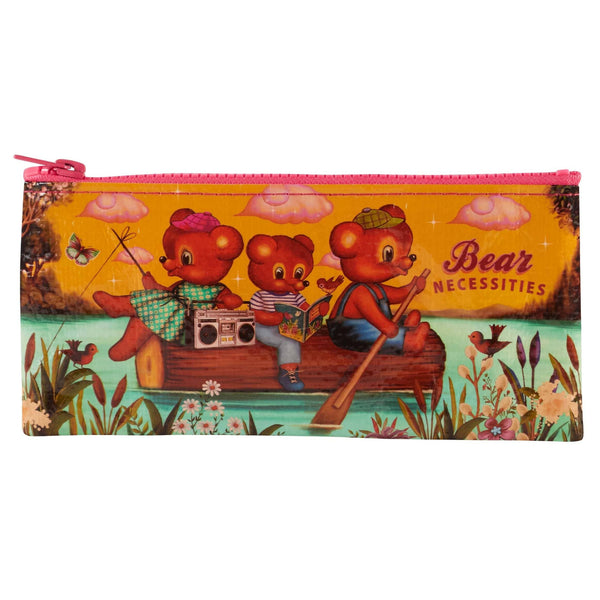 A rectangular zippered pouch with a colorful vintage-style illustration of two teddy bears in a canoe on a yellow background, with the text 'Bear Necessities' and a pink zipper pull.