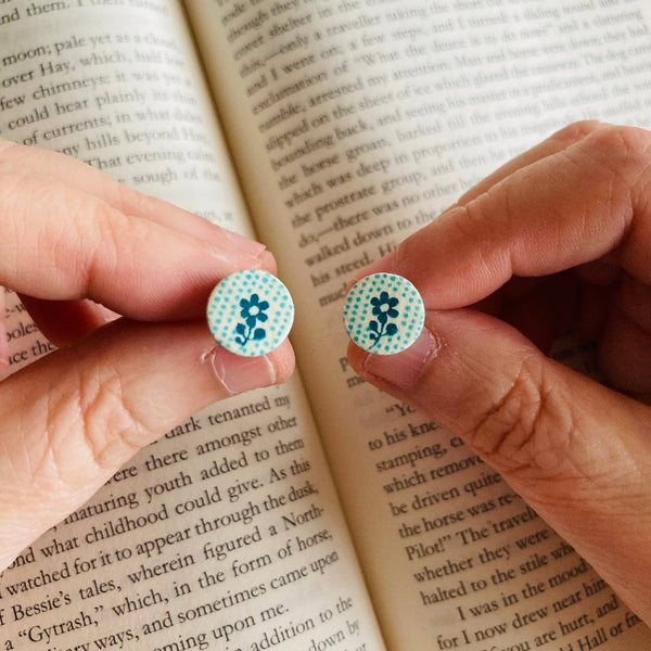 Turquoise Flower Vintage Book Cover Post Earrings