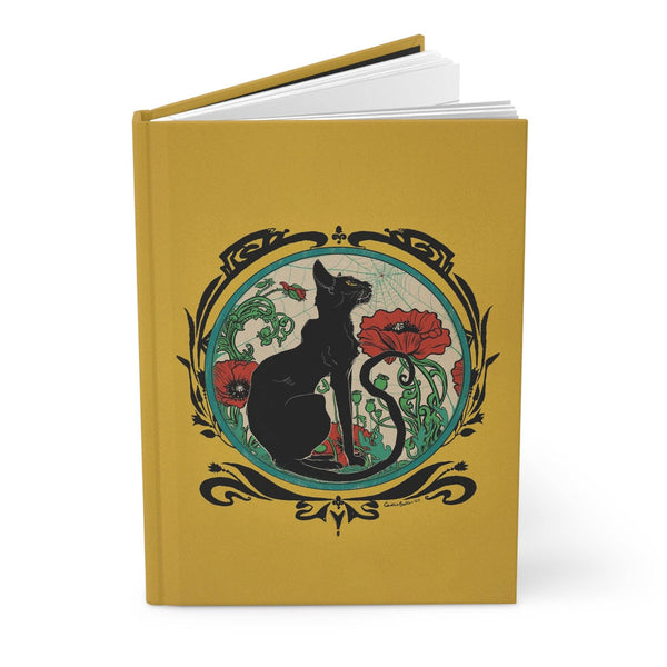 Chat Noir with Poppies on Yellow Matte Hardcover Journal