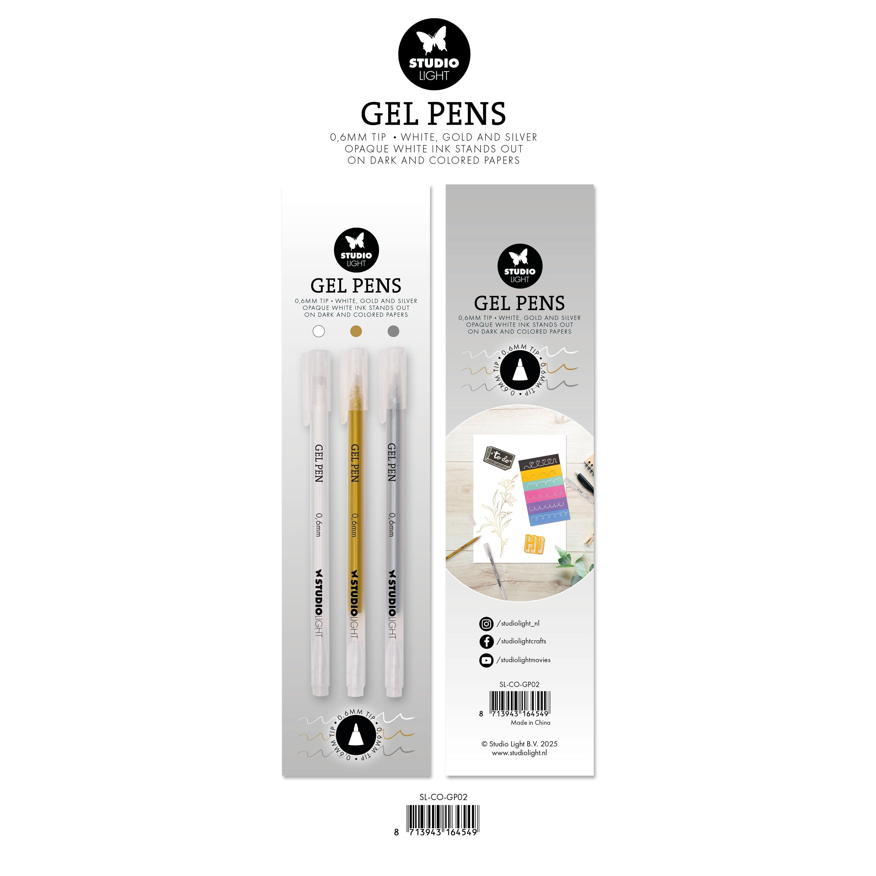 SL Gel Pens White, Gold and Silver 0.6mm Essentials 8x154x9mm 3 Pieces