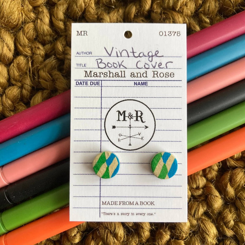Green & Blue Mod Vintage Book Cover Post Earrings
