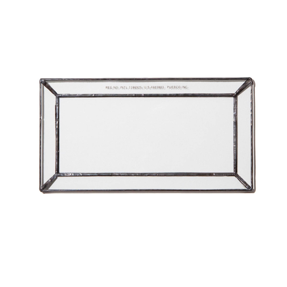 Rectangular glass tray with metallic rim on a white background