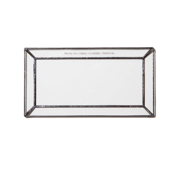 Rectangular glass tray with metallic rim on a white background