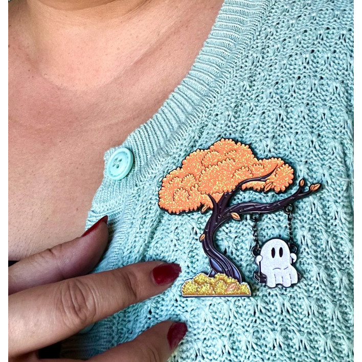Ghost on a Swing Interactive Glitter Enamel Pin