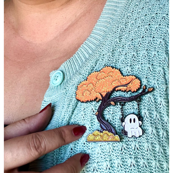 Ghost on a Swing Interactive Glitter Enamel Pin