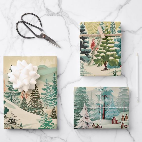 Vintage Painted Trees Christmas Wrapping Paper Trio