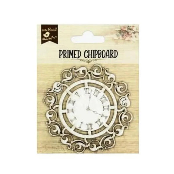 Decorative clock on a 'Primed Chipboard' packaging with a white background