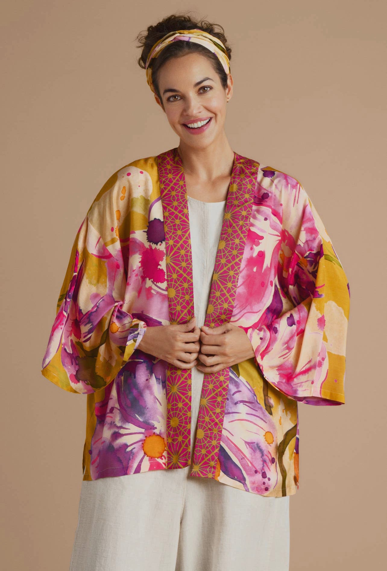 Veste kimono orchidée moutarde {Commande spéciale}