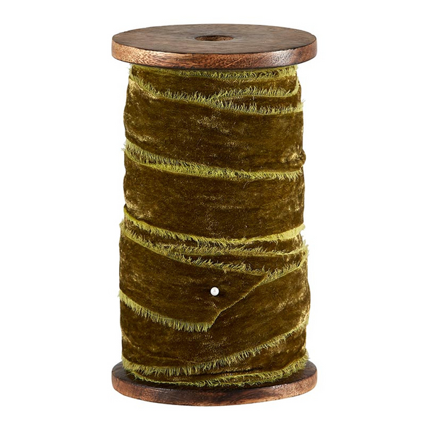 Olive Frayed Velvet Ribbon Spool