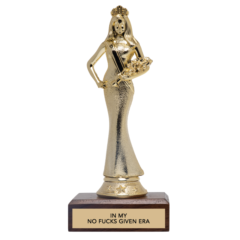 Gold trophy figure with a humorous inscription on a white background