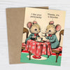 Card with two mice at a table, one saying 'I like your personality.' and the other responding 'Thanks, it's a disorder.'