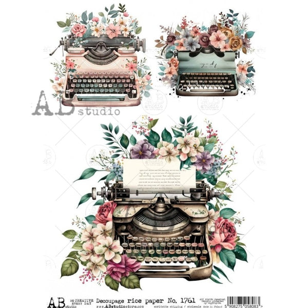 Floral Typewriter A4 Decoupage Rice Paper
