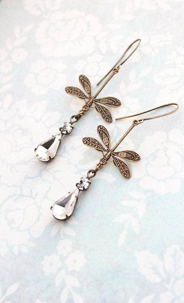 Dragonfly Crystal Sparkling Vintage Glass Earrings