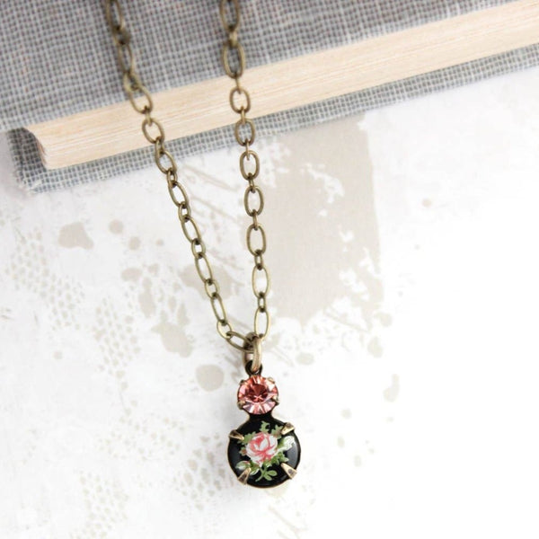 Little Black Cameo + Vintage Glass Pendant Necklace