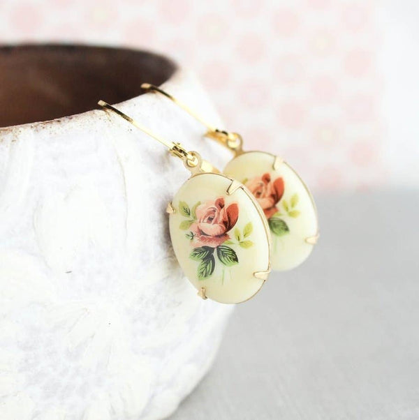 Vintage Style Red Rose Cameo Drop Earrings