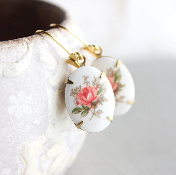 Pink Rose Vintage Glass Cameo Earrings