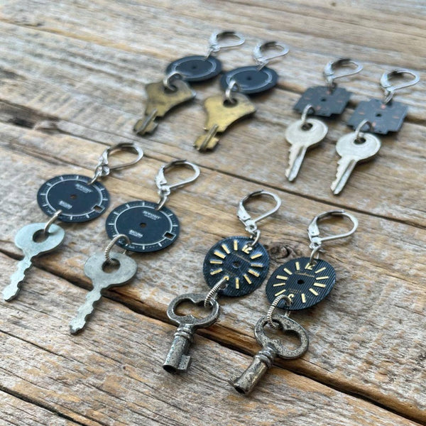 Vintage Watch Dial + Key Earrings