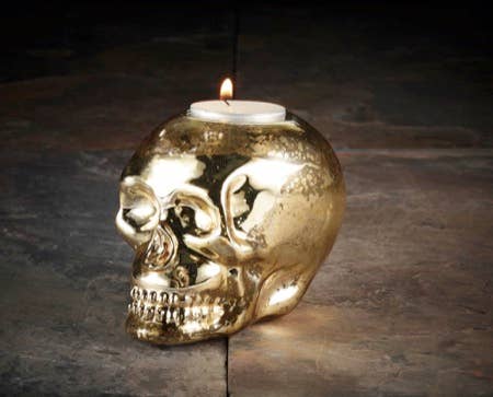 Tealight Candle Holder | Gold Mercury Glass Skull