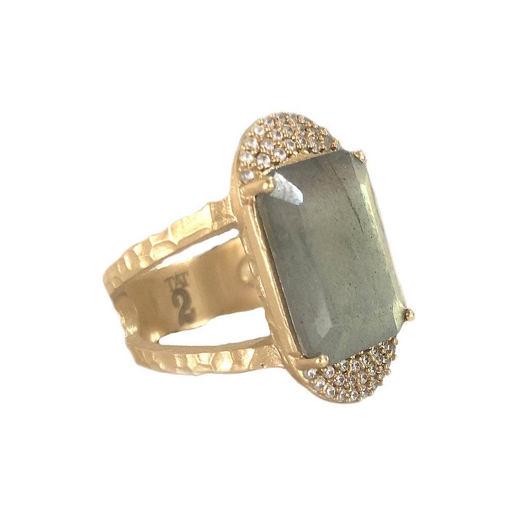 Cocktail Ring | Gold Kosor Emerald Cut Labradorite or Rose Quartz & Crystal {Multiple Styles}